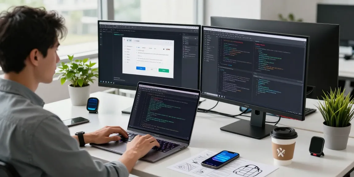 Developer coding the 纸飞机中文版 app in a modern workspace with dual monitors and natural light.
