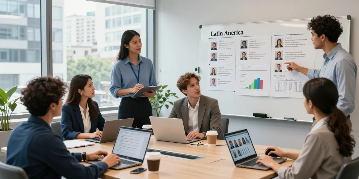Team collaborating to hire in Latin America, showcasing recruitment strategies in a modern office.