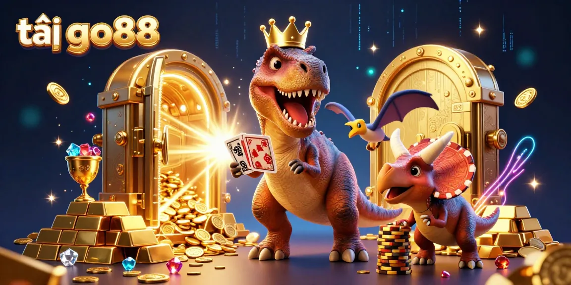 Tải go88 showcases an exciting 3D illustration of a friendly T-Rex and gaming elements promoting a vibrant casino experience.