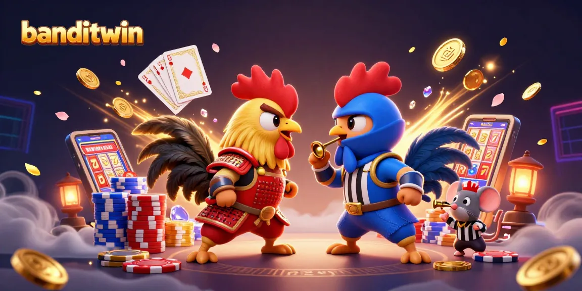 banditwin menghadirkan ayam jantan bertarung di arena dengan koin emas berkilau di sekelilingnya
