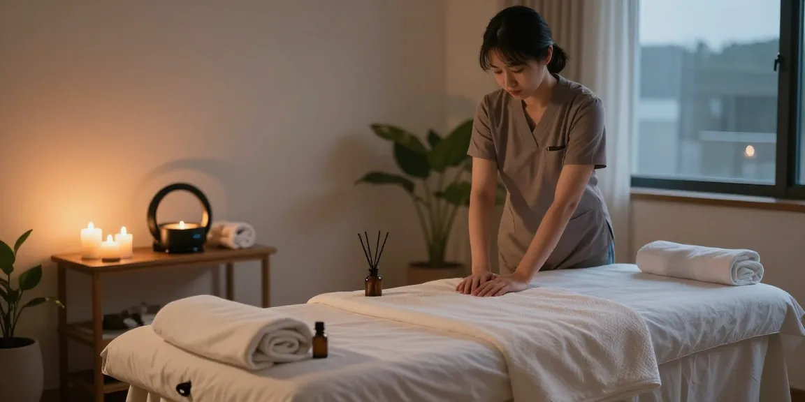 Relaxing 서울출장안마 home massage setup with essential oils, candles, and calming décor.