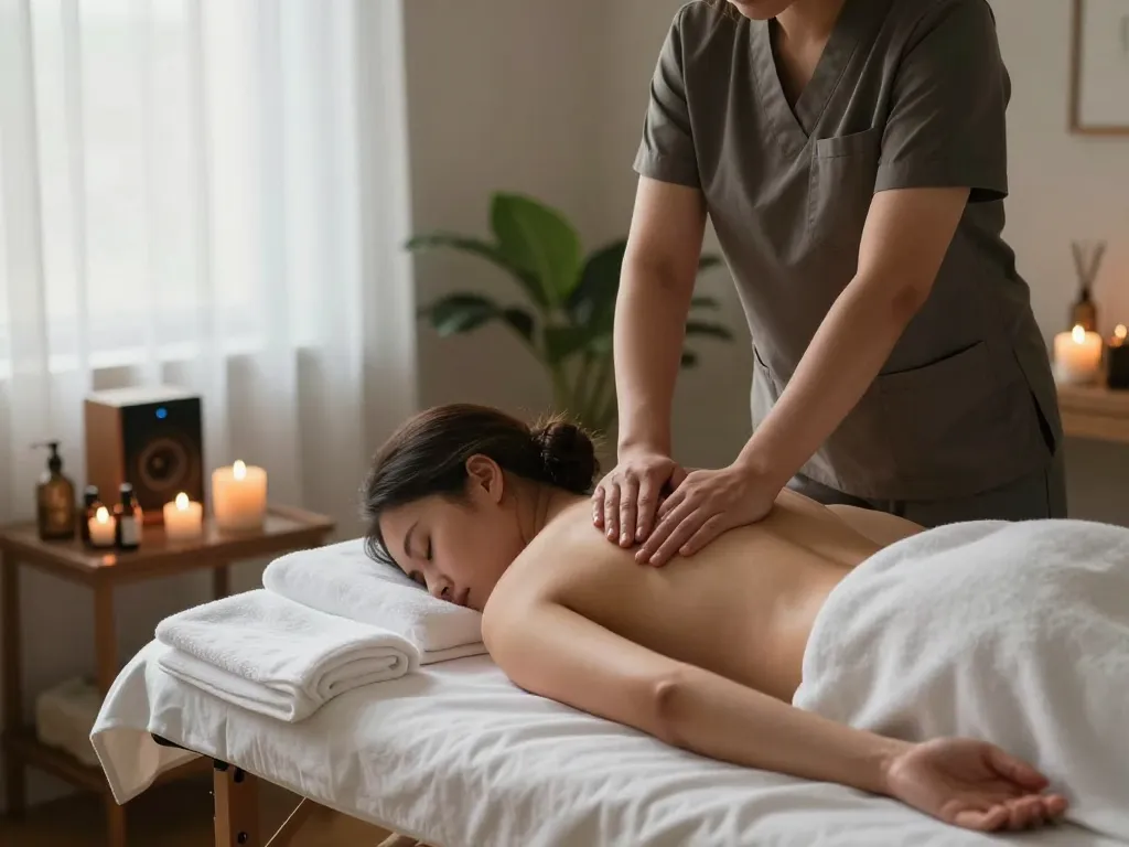Relaxing atmosphere for a professional massage at maxim-anma.net, showcasing therapy oils and a serene home environment.