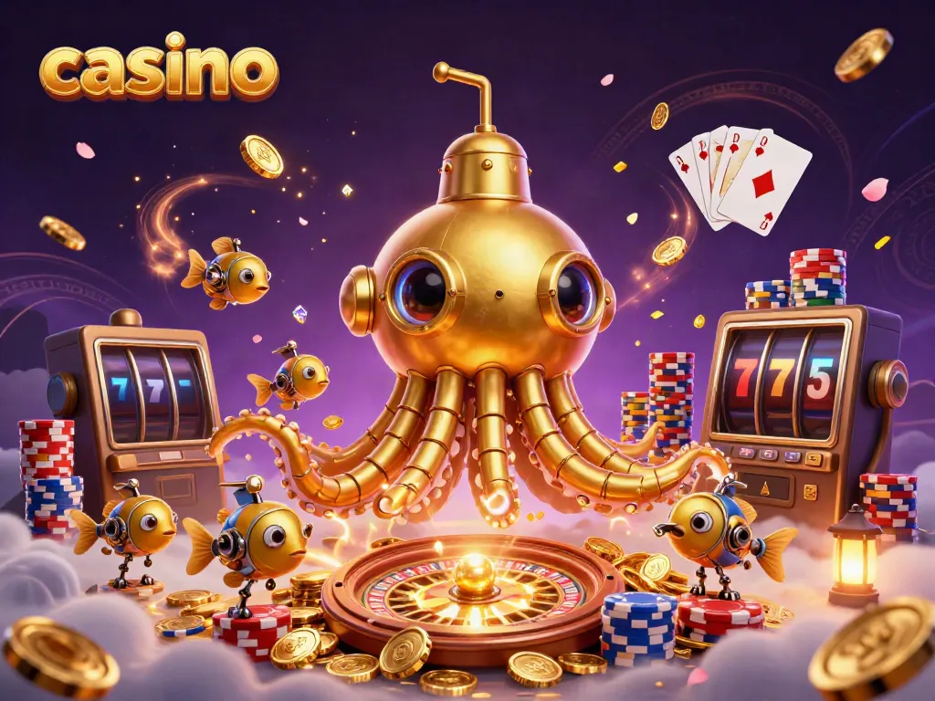 Experience casino fun with a kraken submarine amidst shimmering coins and dynamic gameplay elements.