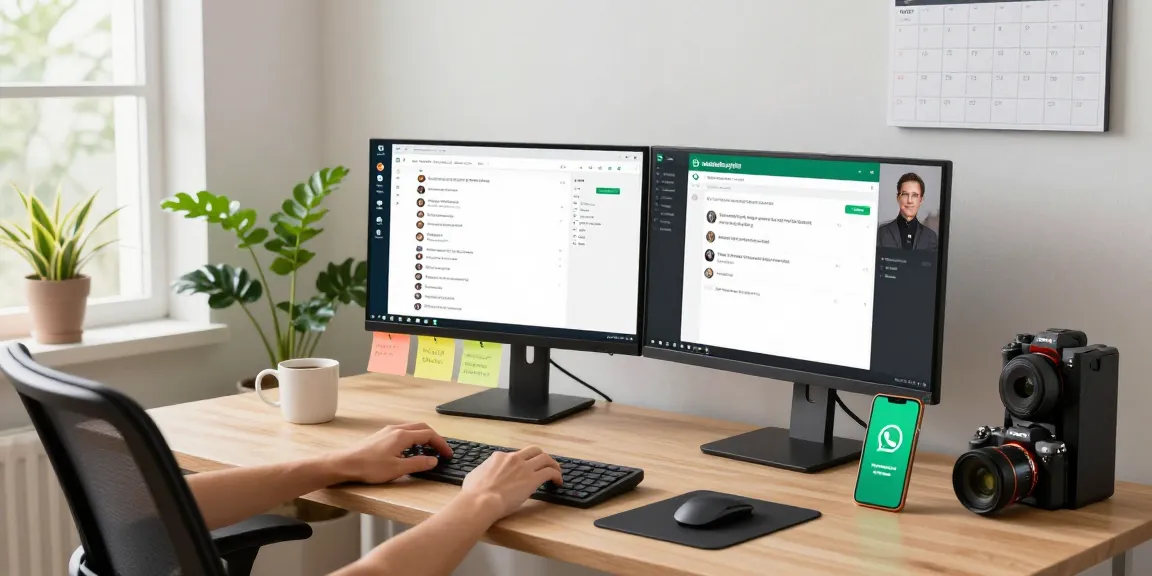 Engaging scene using WhatsApp電腦版 on a modern home office desk with tech gadgets and a productive atmosphere.