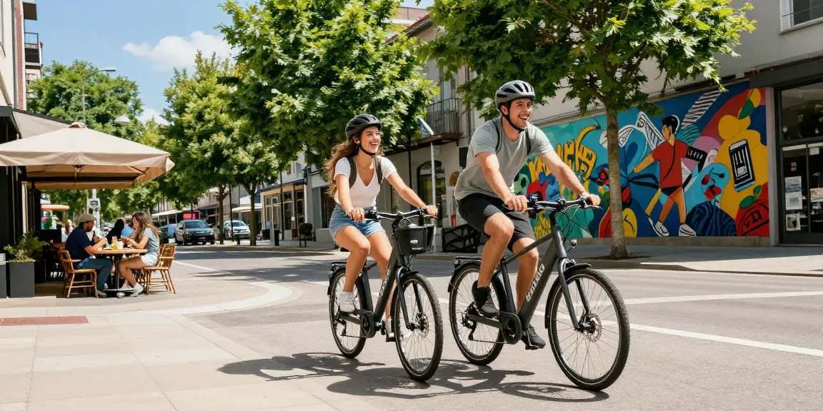 Doppio Bike e-bike riders enjoying a sunny urban ride, showcasing its two-seater design and vibrant city life.