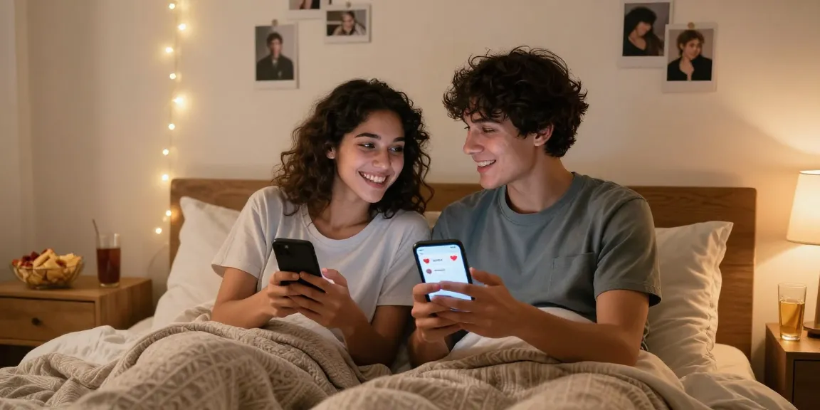 Sexting AI in action as a couple engages playfully in a cozy bedroom.