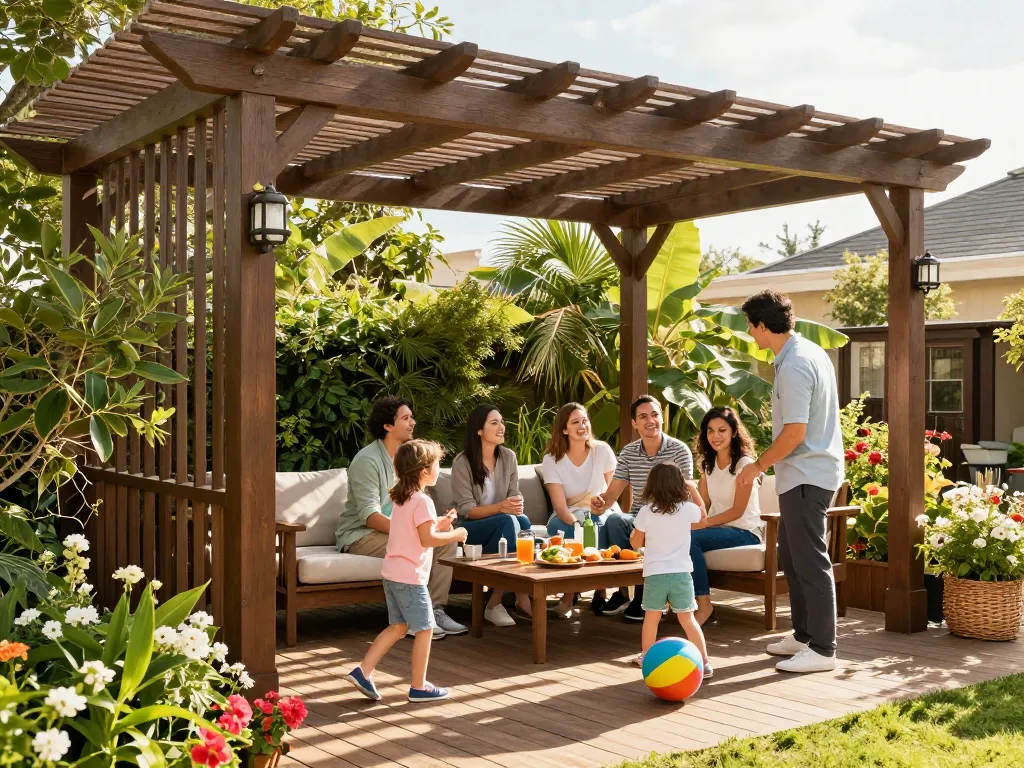 3D pergola configurator showcasing a family enjoying time under a stylish pergola in a lush garden