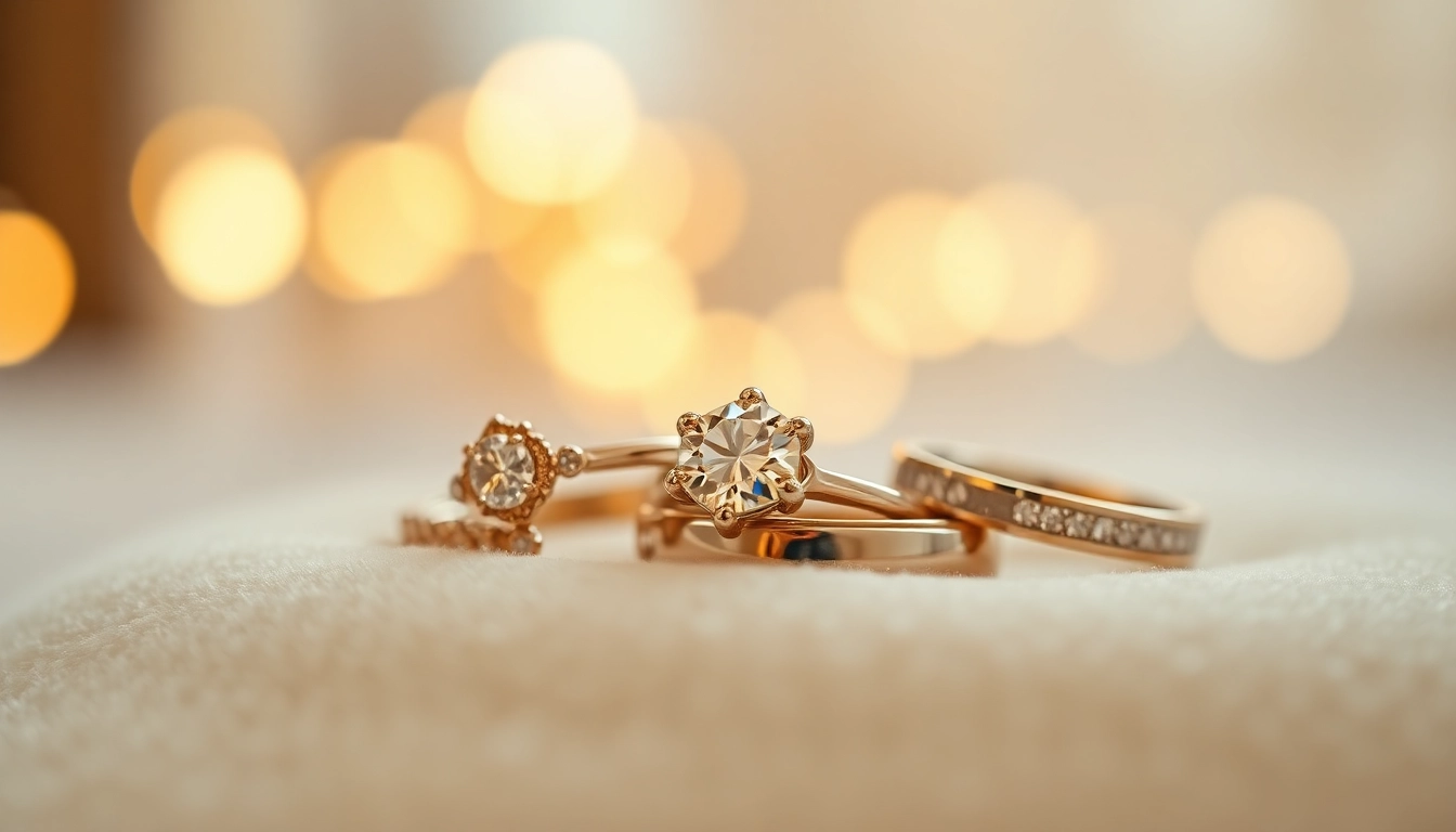 Admire stunning wedding rings showcasing intricate designs and sparkling diamonds in an elegant setting.