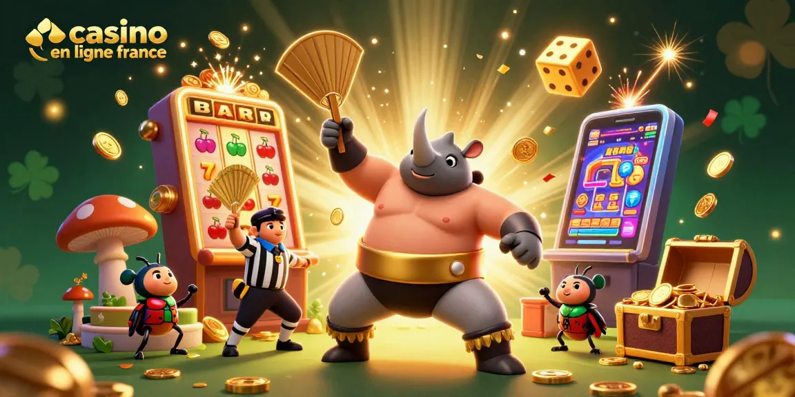 Jouez sur un casino en ligne France avec un sumo scarabée et des jetons d'or envolés.