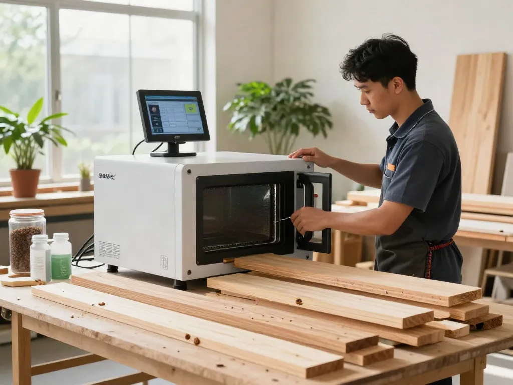 SHASHEL® equipment effectively eliminating wood-boring insects in eco-friendly wood treatment.