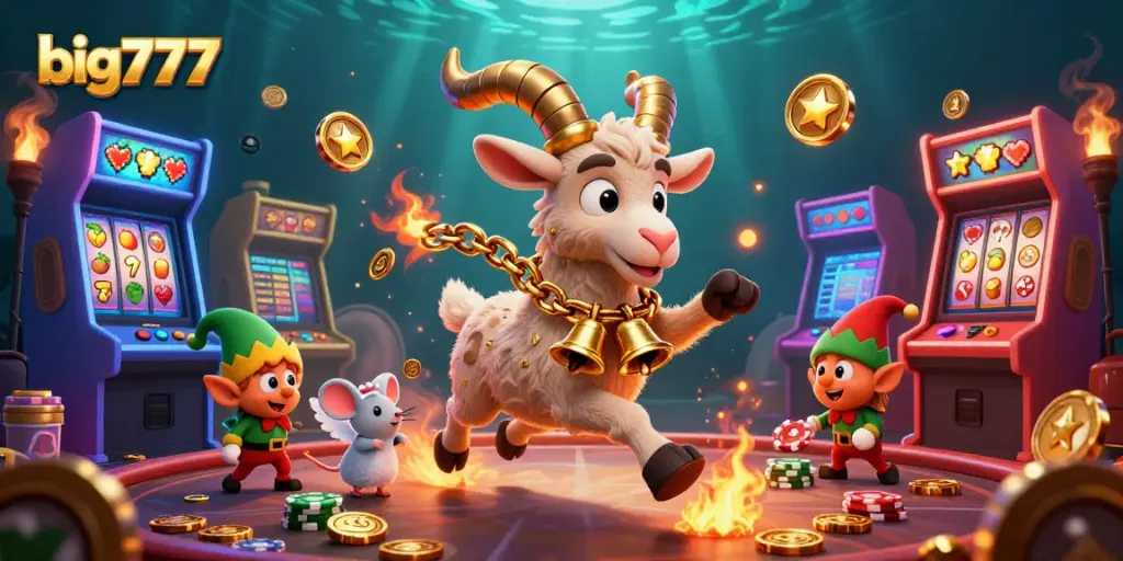 big777 players enjoy a chaotic casino scene with a Krampus goat and gaming elements.