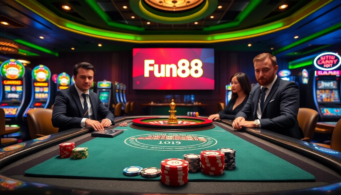 Experience the thrill of gambling with Fun88 link in a luxury casino setting featuring poker tables and slot machines.