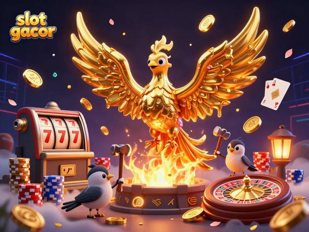 Engage with slot gacor at this vibrant casino illustration featuring a golden phoenix and dynamic gaming elements.
