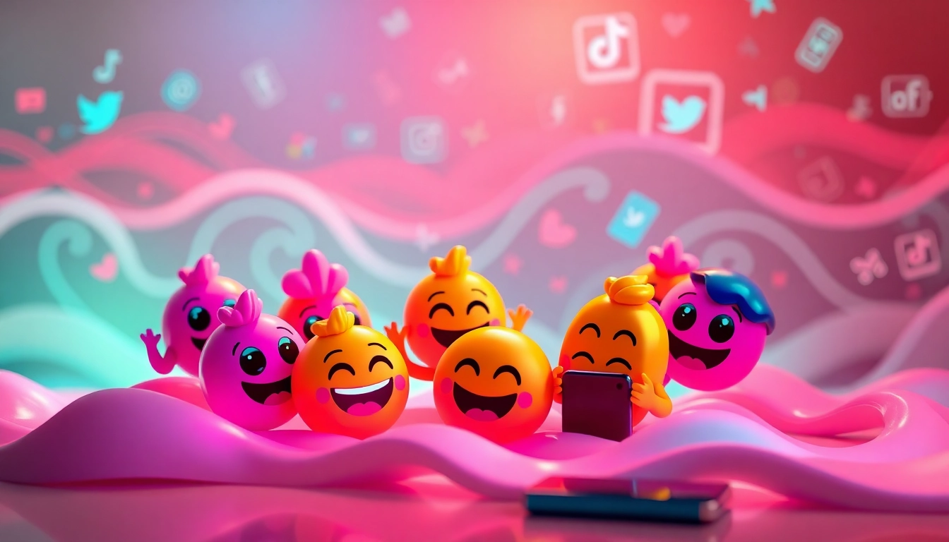 Explore vibrant TikTok emojis in a dynamic digital scene with bright colors and playful elements.