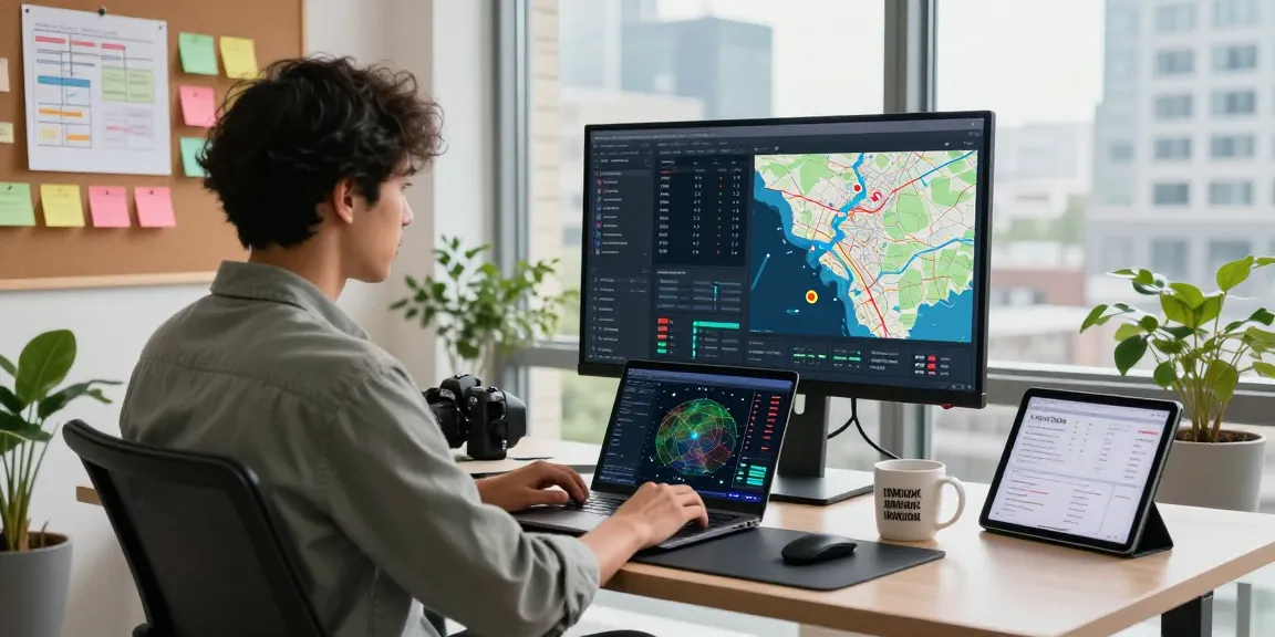 Data analyst in a modern workspace using geosearchly for location data analysis.