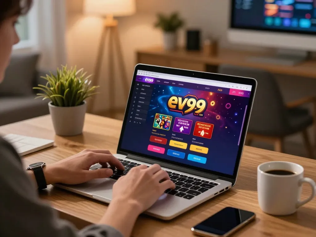 Engaging in online gaming on ev99 com with vibrant interface displayed on a laptop in a cozy home setting.