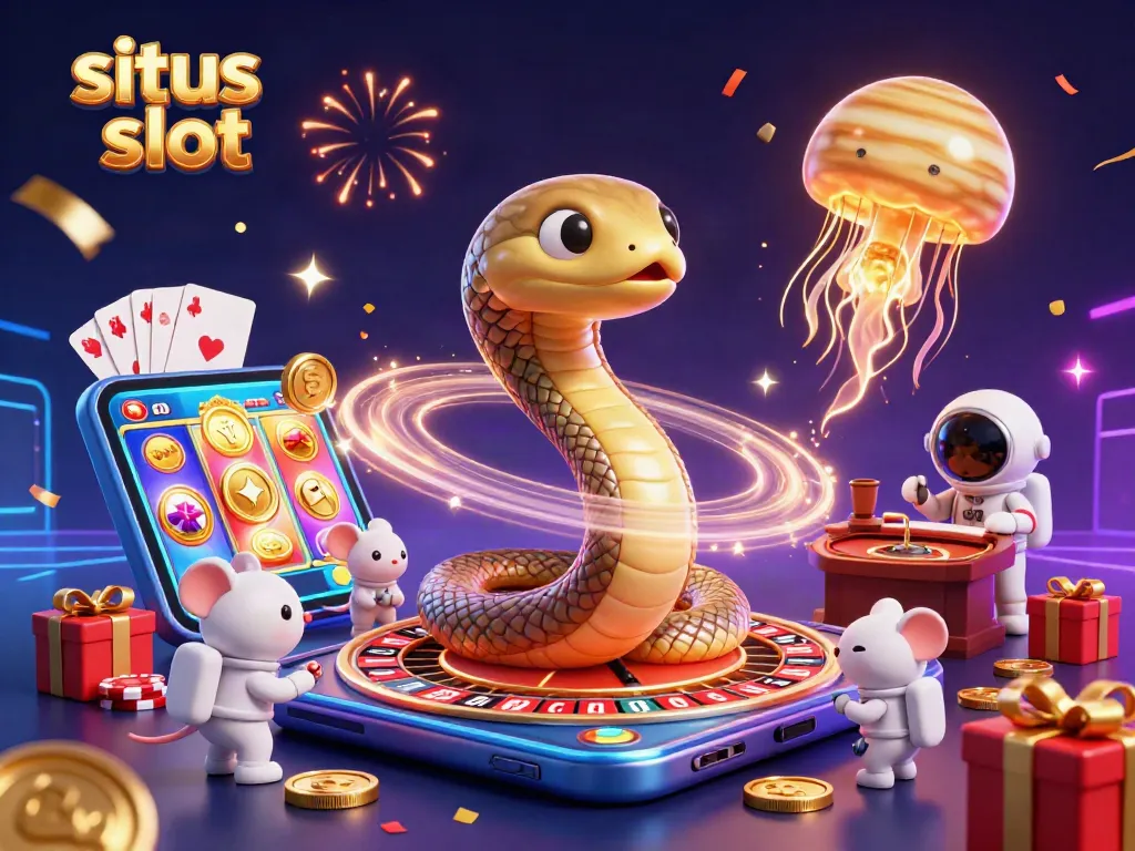 Engage with situs slot adventures in a vibrant cosmic casino scene featuring unique characters.