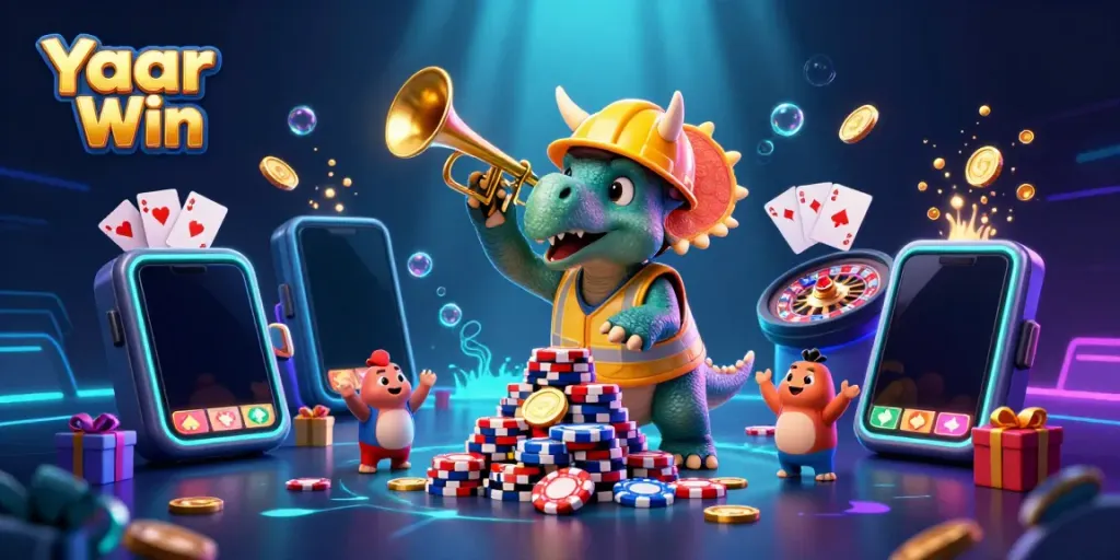 Experience the excitement of Yaar Win with vibrant gaming moments, poker chips, and cheerful characters!