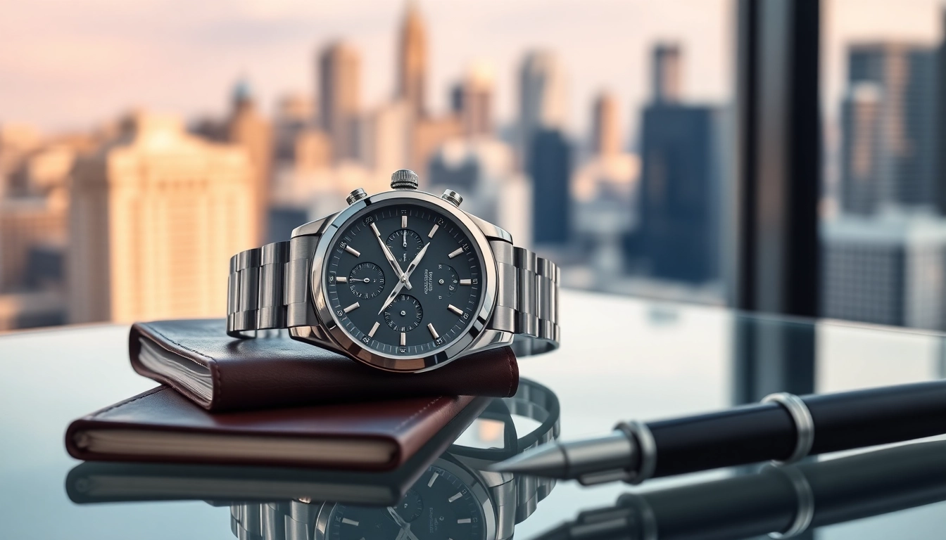 Admiring a detailed replica watch against a blurred city background.