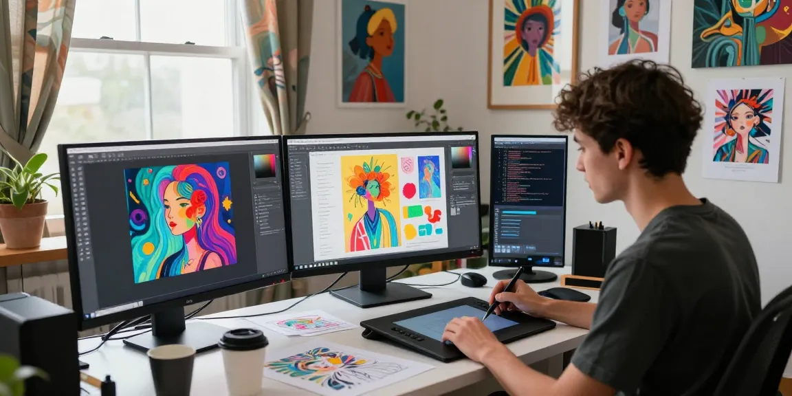 Artist creating AI prompt images in a vibrant digital art studio, showcasing creativity and innovation