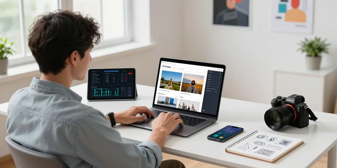 User engaged with an AI detector at a modern workspace surrounded by tech tools and bright natural light.