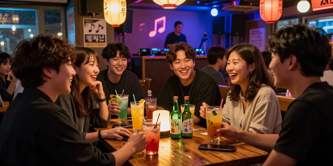 Fun vibrant scene at 상봉동 한국관나이트 with friends enjoying drinks in a lively nightlife atmosphere.