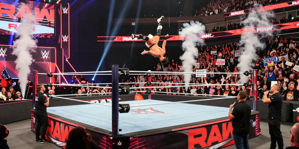 WWE Raw live event with energetic fans and wrestlers in action.