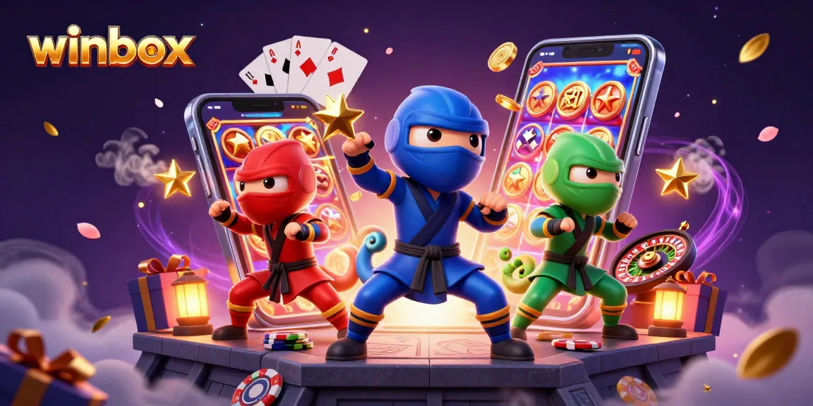 Experience dynamic gameplay with winbox through spinning reels and vibrant casino elements in a lively illustration.