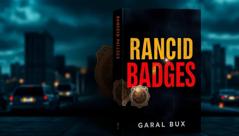 Rancid Badges book cover featuring a tarnished police badge in a gritty urban setting, embodying suspense.