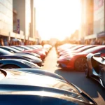 Exciting display of futuristic cars at an Auto Cars Show, engaging crowd in the background.