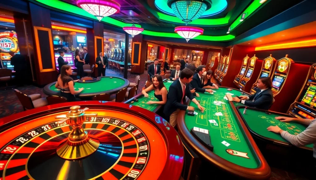 Experience the thrilling energy of a casino atmosphere at https://xx88.bar/ with players enjoying roulette and poker tables.