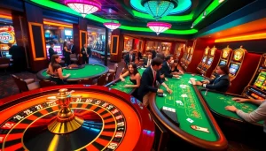 Experience the thrilling energy of a casino atmosphere at https://xx88.bar/ with players enjoying roulette and poker tables.
