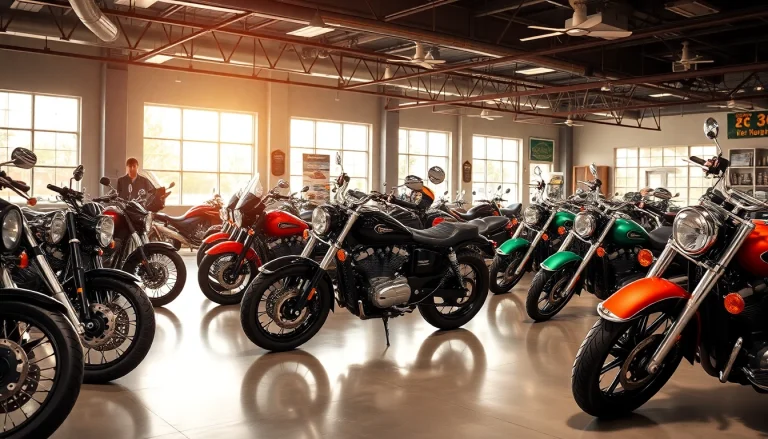 Motorrad gebraucht in eleganter Verkaufsumgebung mit historischen und modernen Modellen.