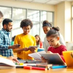 Students engaging in a collaborative Education activity in a bright classroom setting.