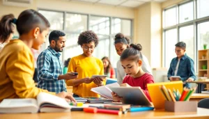 Students engaging in a collaborative Education activity in a bright classroom setting.