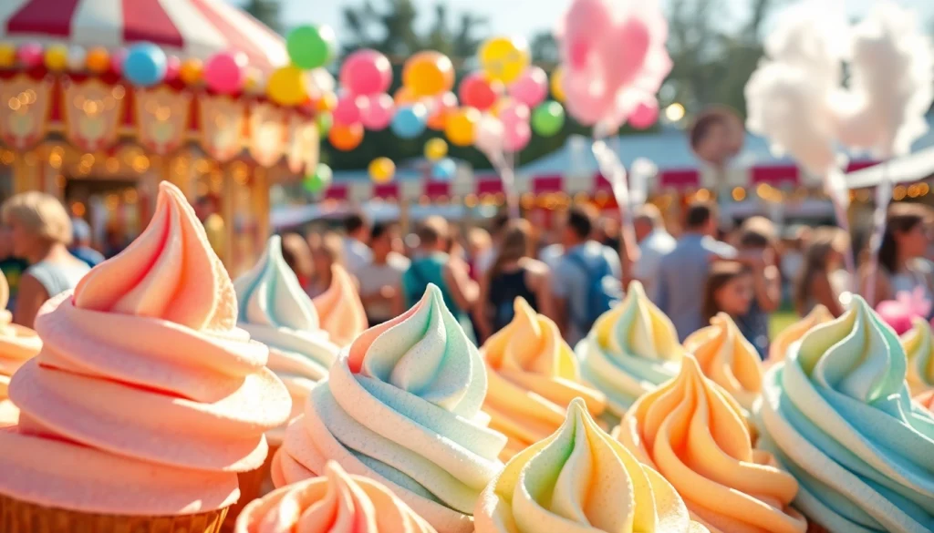 Heerlijke wafel katoen eetbare traktaties op een levendig festival met vrolijke kleuren.