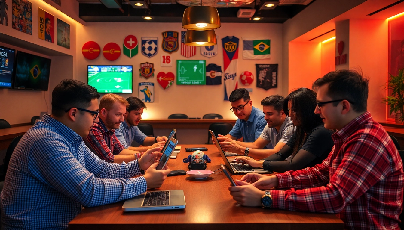 Highlighting the best sports betting sites in Brazil, a group of bettors passionately discussing strategies in a vibrant lounge.