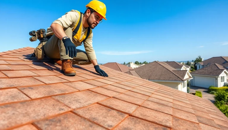 Inspecting reliable roofing services on a residential roof with professional attention.