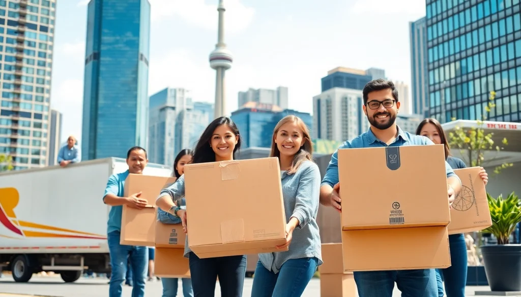 Toronto movers efficiently carrying boxes in a vibrant city environment.