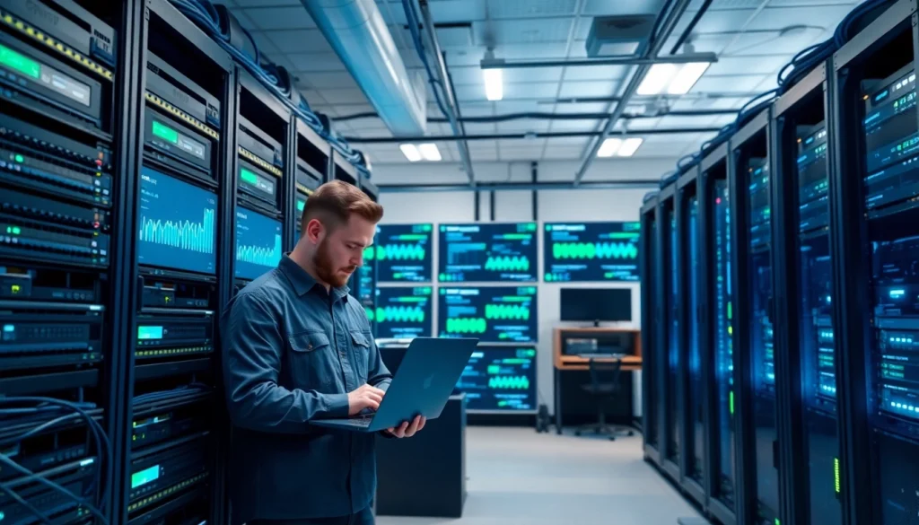 Visualizing network infrastructure setup with routers, servers, and a technician configuring systems actively.