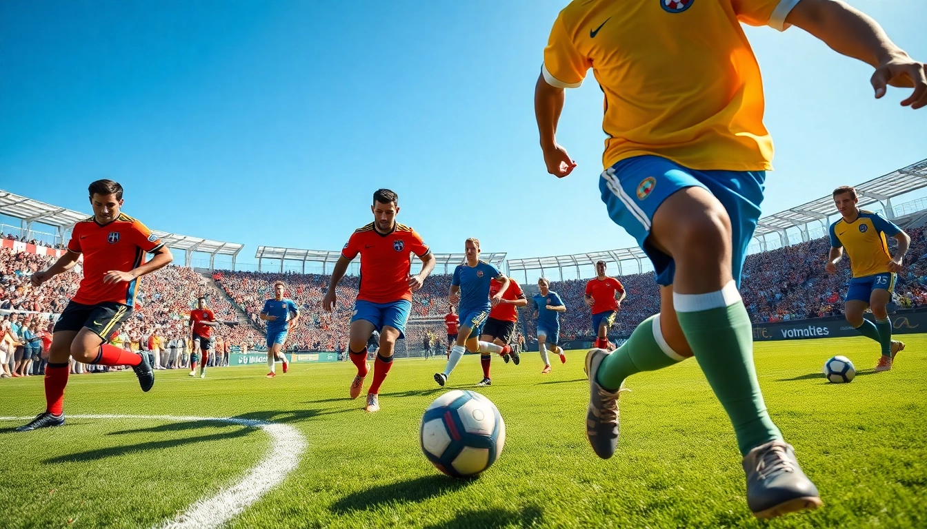 Enthusiastic soccer players showcasing their team kits during an exhilarating match.