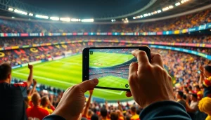 해외축구중계의 짜릿한 순간을 담은 스마트폰과 환호하는 팬들.