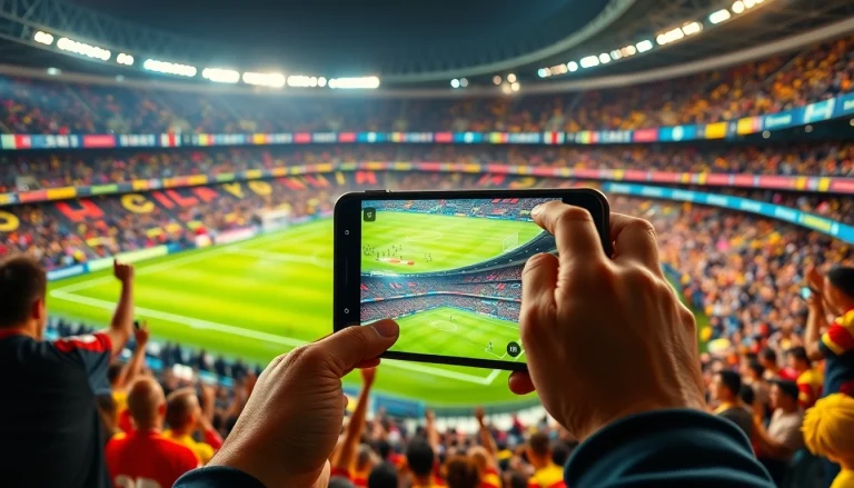 해외축구중계의 짜릿한 순간을 담은 스마트폰과 환호하는 팬들.