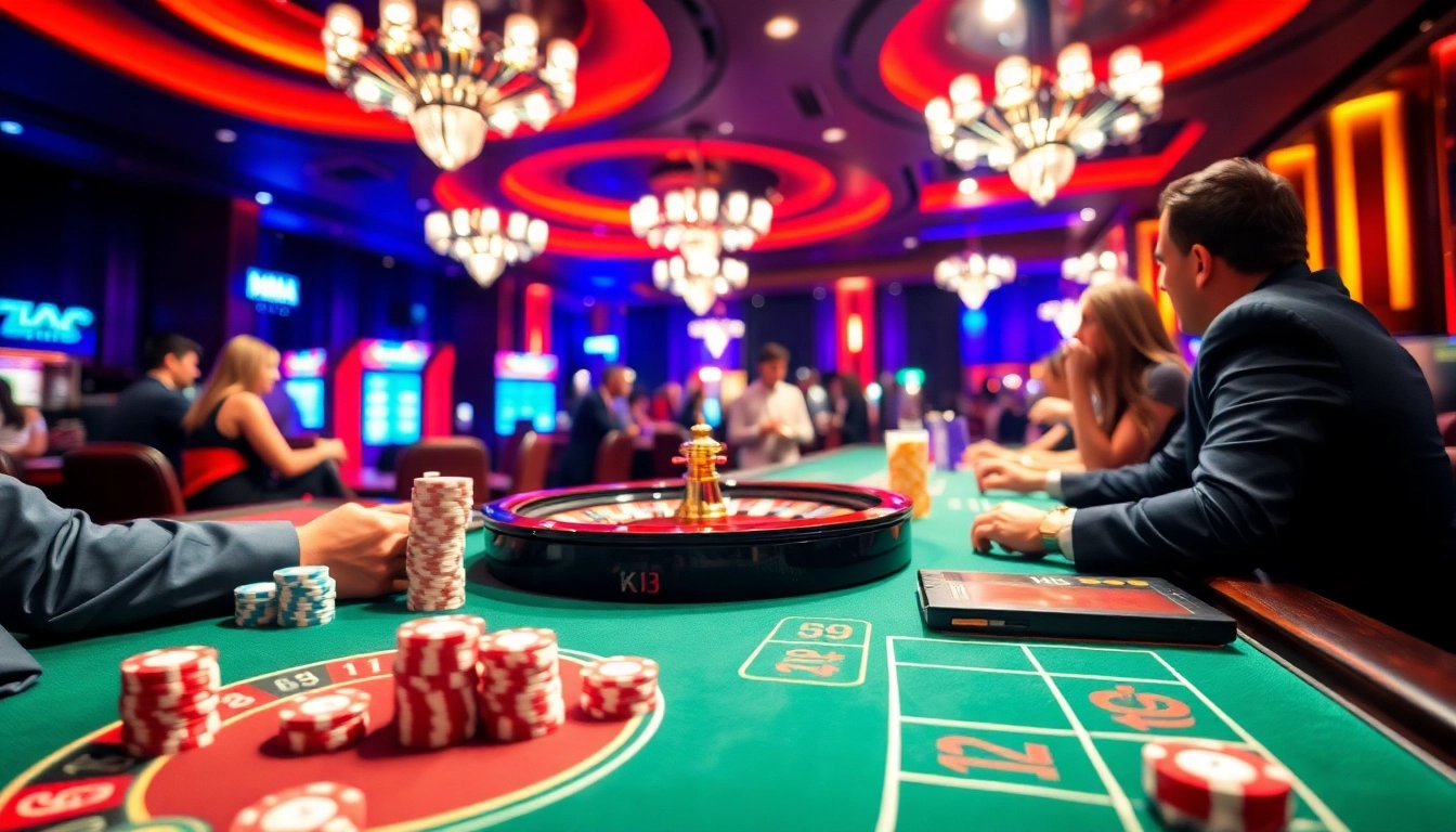 Exciting casino scene featuring KJC AC 3 gaming with roulette wheels and poker tables.