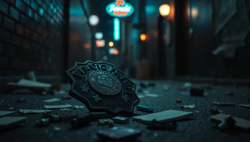 Rancid Badges symbolize betrayal in a gripping crime thriller scene.