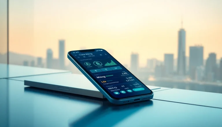 Showcasing a cloud mining app on a smartphone with vibrant interface and digital currency elements.