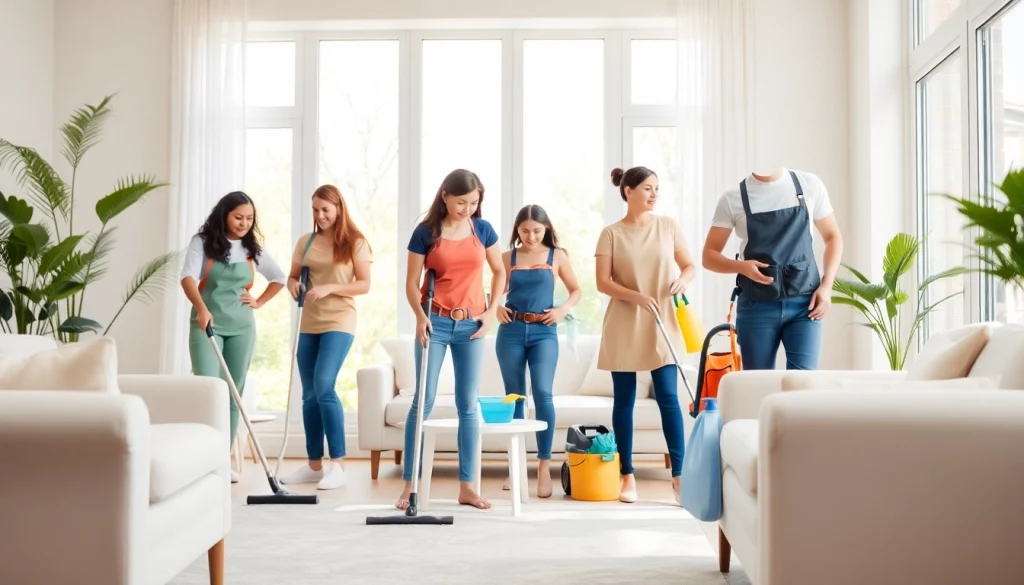 Efficient cleaning service team performing tasks in a modern home, emphasizing quality service.