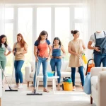 Efficient cleaning service team performing tasks in a modern home, emphasizing quality service.