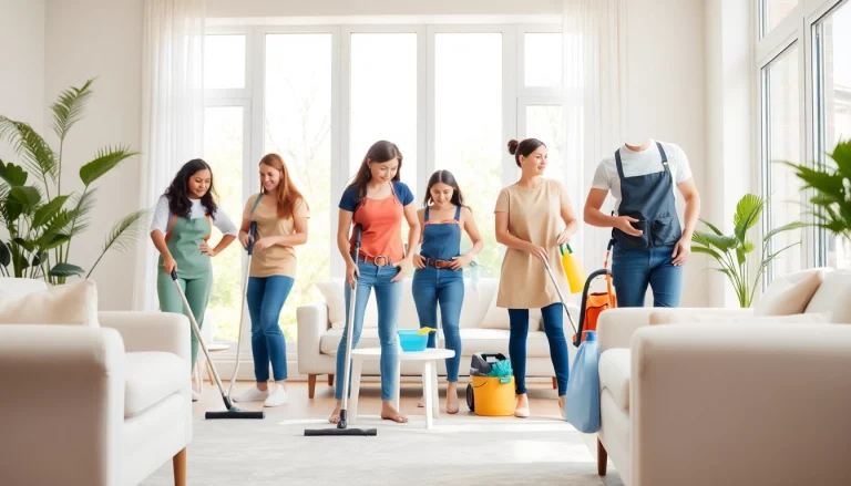 Efficient cleaning service team performing tasks in a modern home, emphasizing quality service.