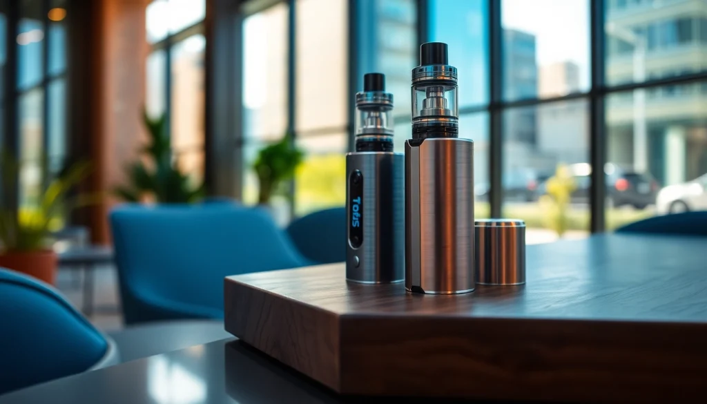 Oxva Gerät auf einem stylischen Tisch mit urbanem Hintergrund und natürlichem Licht.